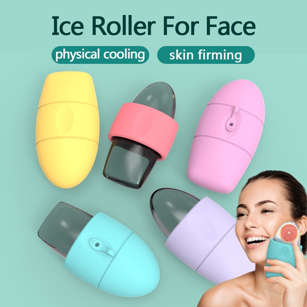 Ice roller for face with colorful options and a woman using it on her face.
