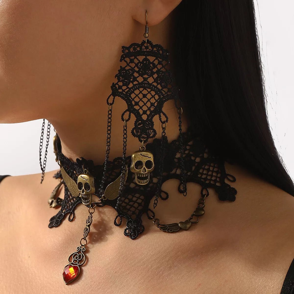 Halloween Lace Skull Necklace and Earrings Jewelry Set - Shri Rama