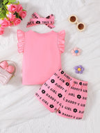 Children's Headband Letter Ruffle Sleeve Top and Shorts 3 - Piece Set - Shri Rama
