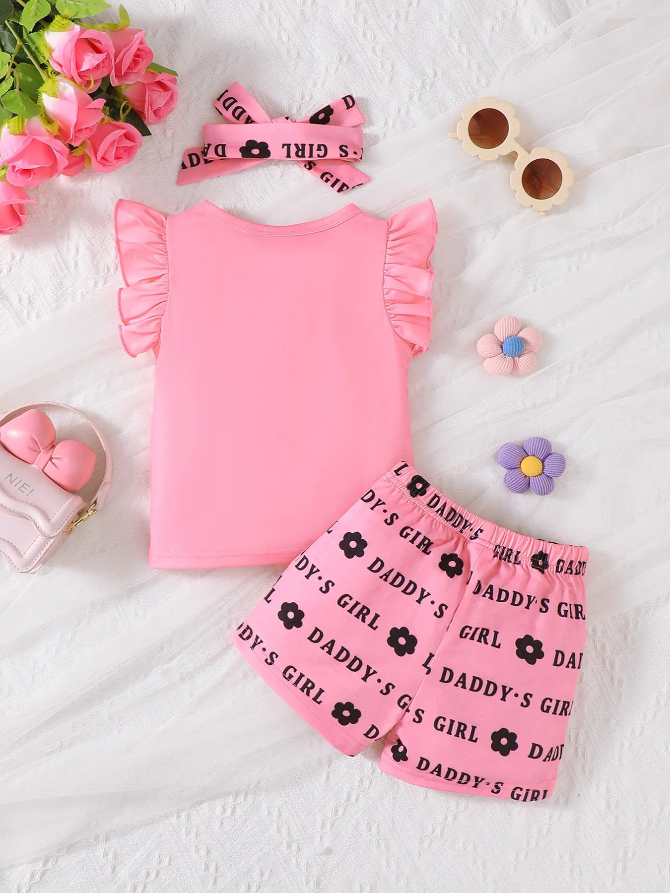 Children's Headband Letter Ruffle Sleeve Top and Shorts 3 - Piece Set - Shri Rama