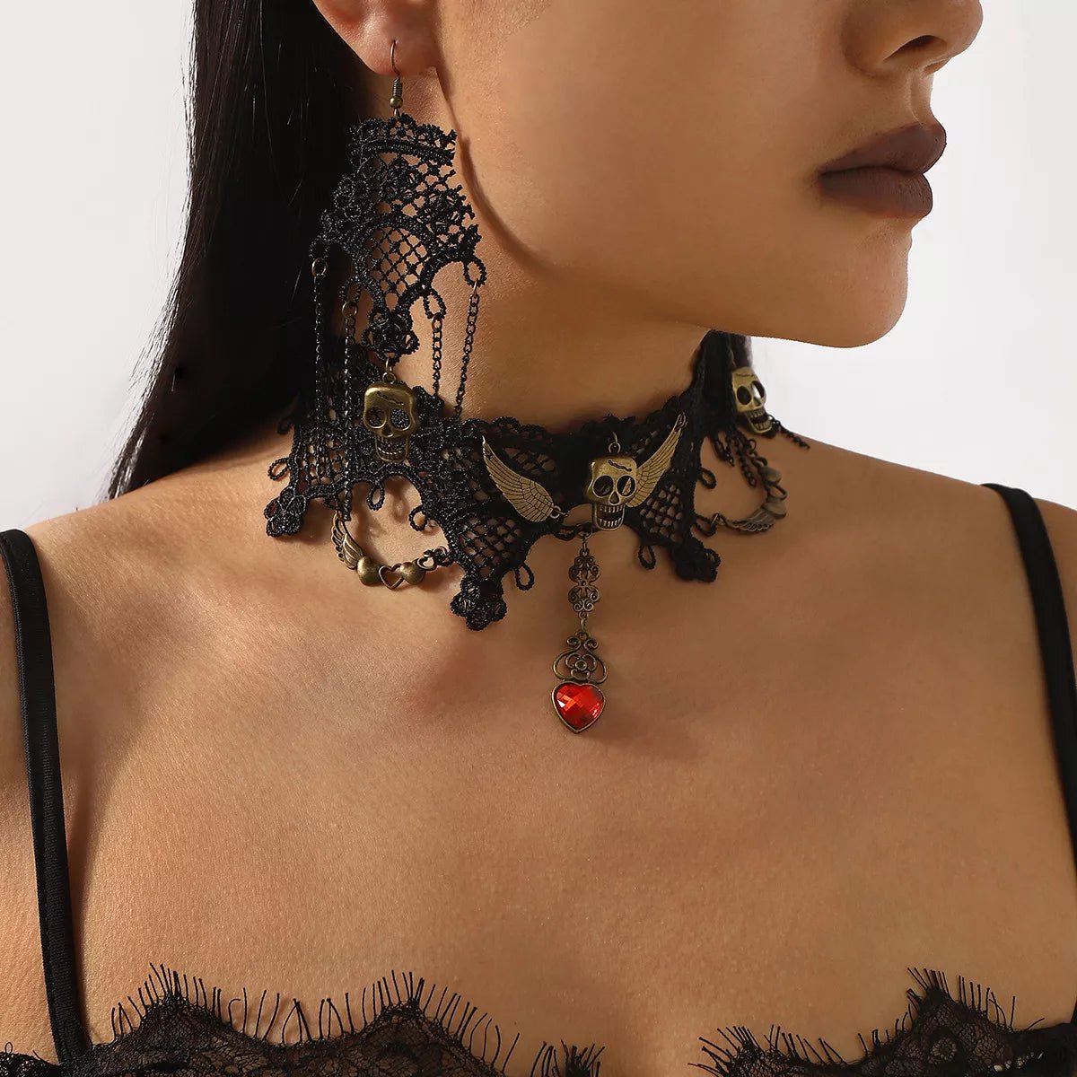 Halloween Lace Skull Necklace and Earrings Jewelry Set - Shri Rama
