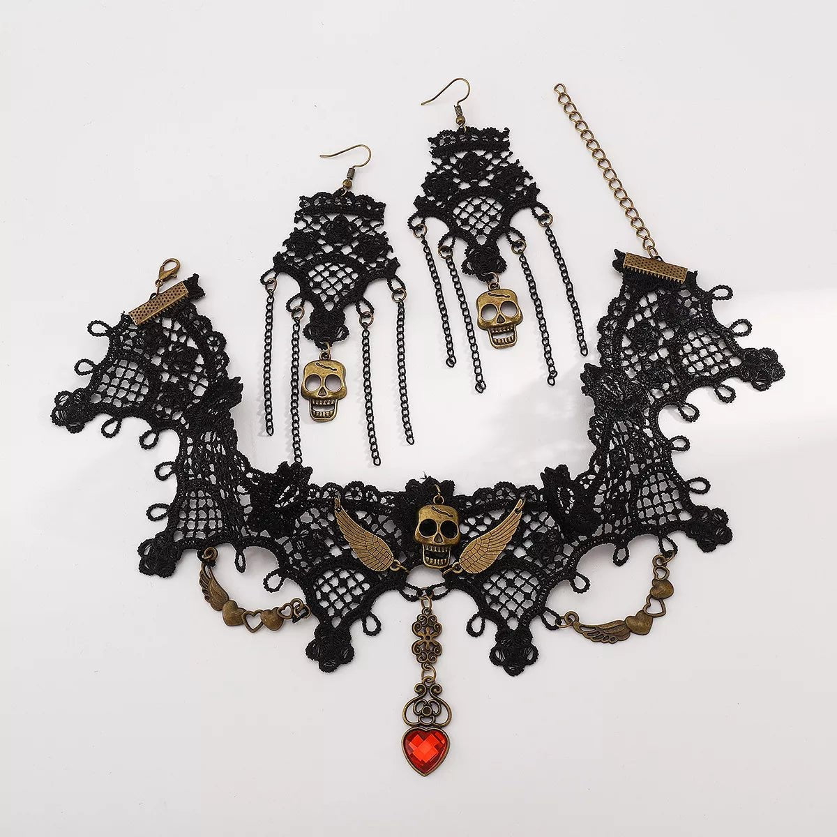 Halloween Lace Skull Necklace and Earrings Jewelry Set - Shri Rama