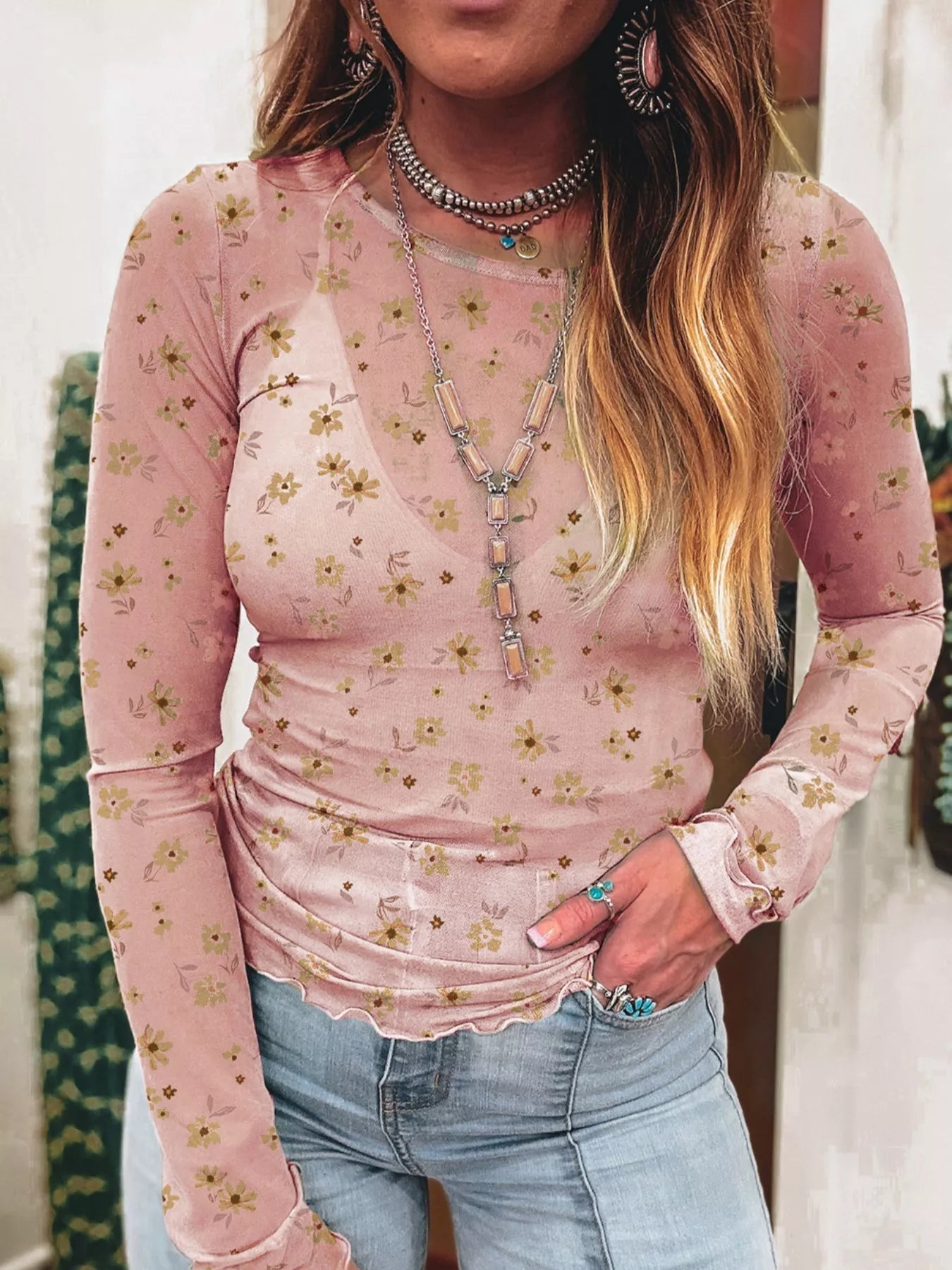 Floral Print Long Sleeve Mesh Blouse - Shri Rama