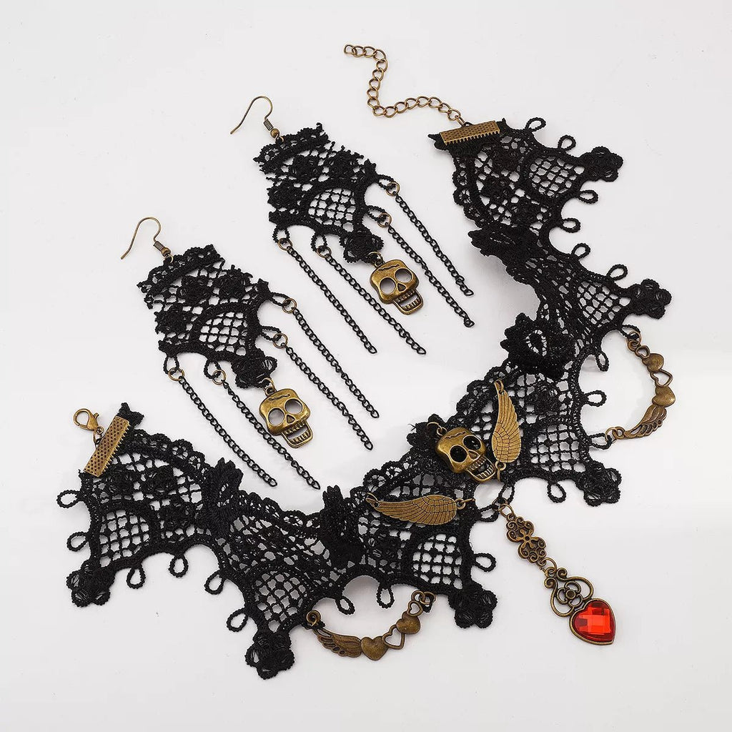 Halloween Lace Skull Necklace and Earrings Jewelry Set - Shri Rama
