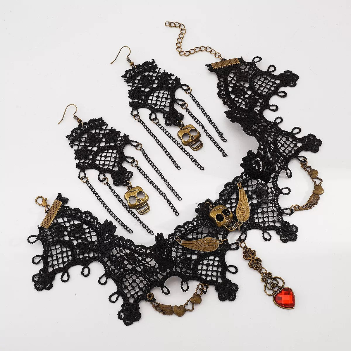 Halloween Lace Skull Necklace and Earrings Jewelry Set - Shri Rama