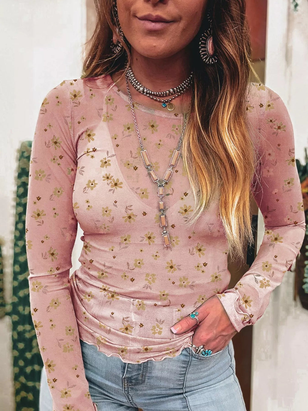 Floral Print Long Sleeve Mesh Blouse - Shri Rama