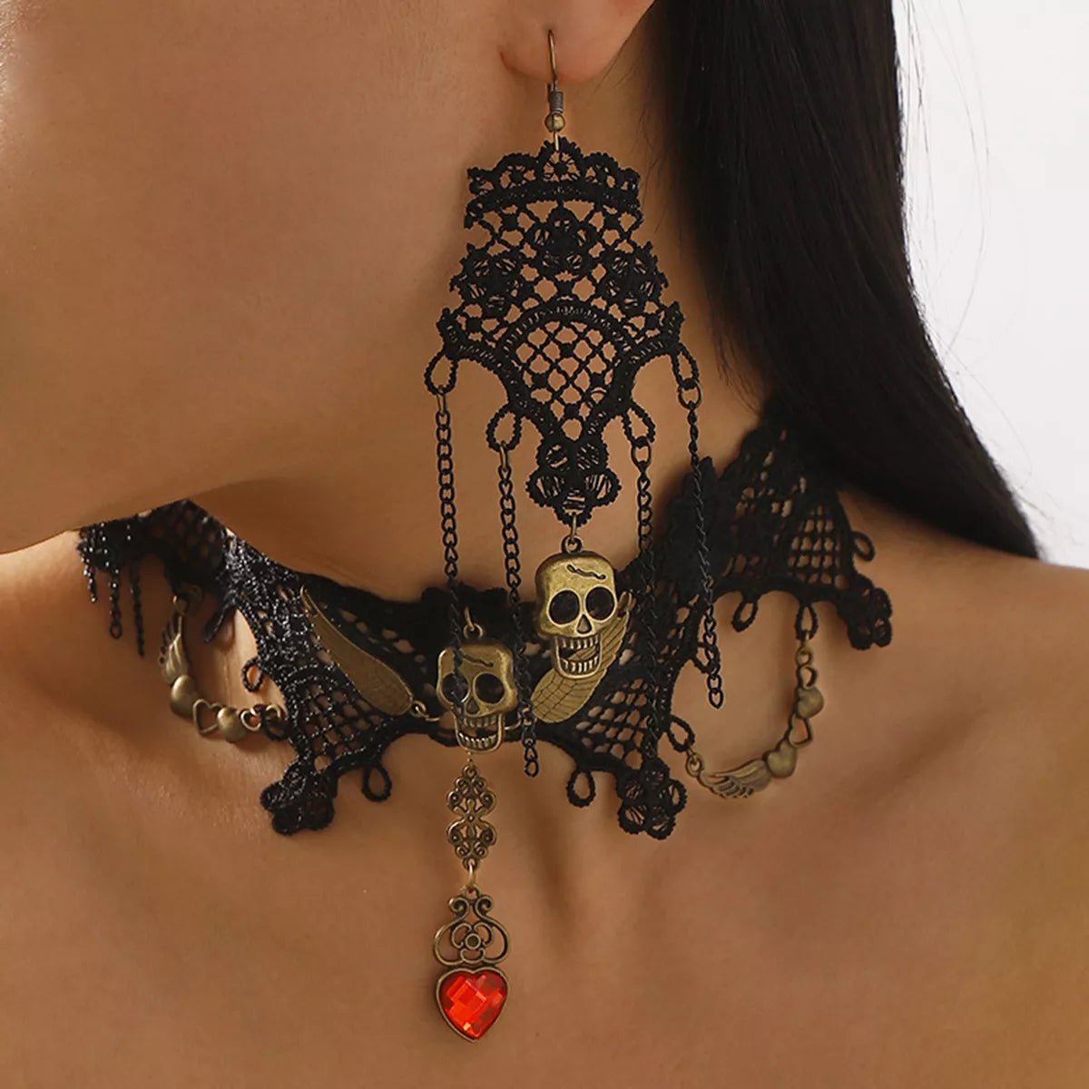 Halloween Lace Skull Necklace and Earrings Jewelry Set - Shri Rama