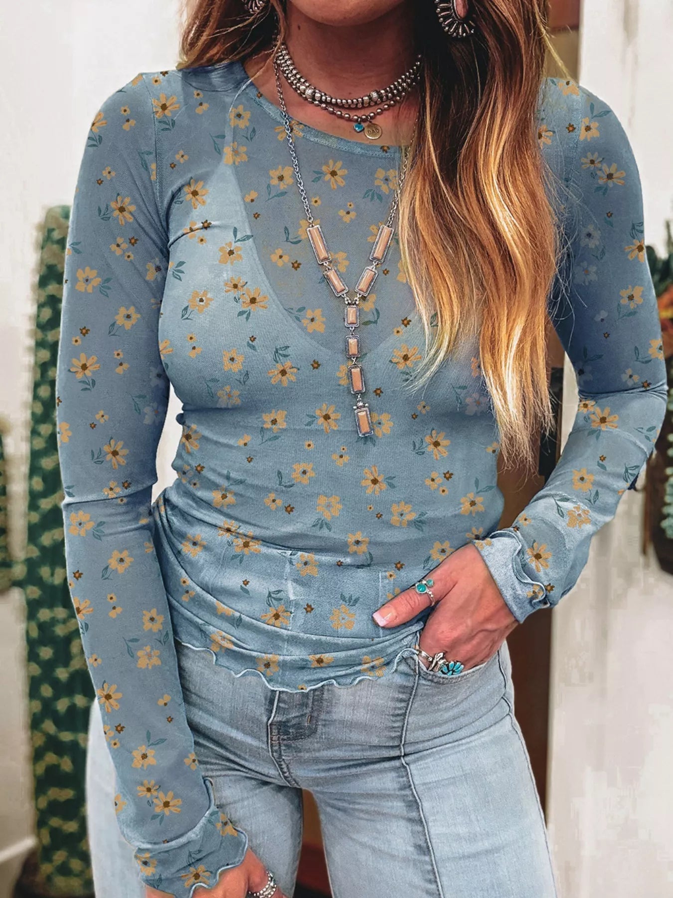 Floral Print Long Sleeve Mesh Blouse - Shri Rama