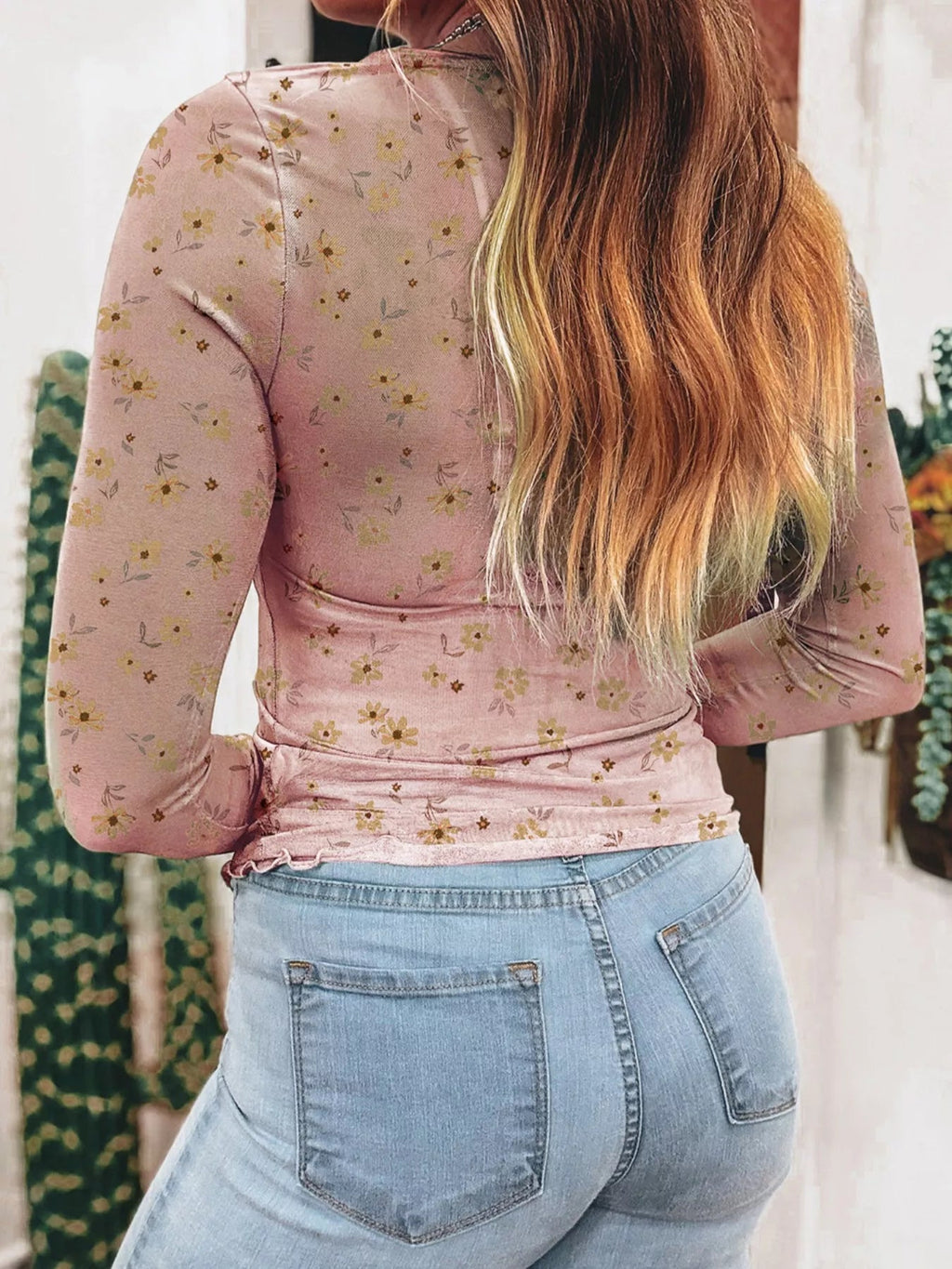 Floral Print Long Sleeve Mesh Blouse - Shri Rama