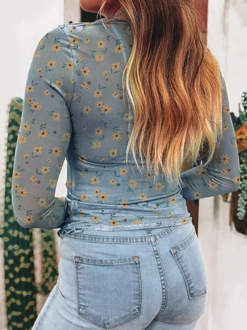 Floral Print Long Sleeve Mesh Blouse - Shri Rama