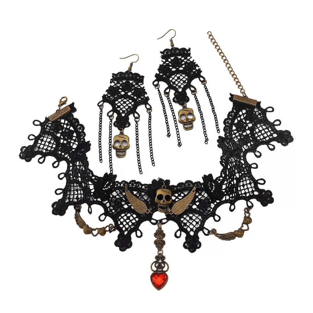 Halloween Lace Skull Necklace and Earrings Jewelry Set - Shri Rama
